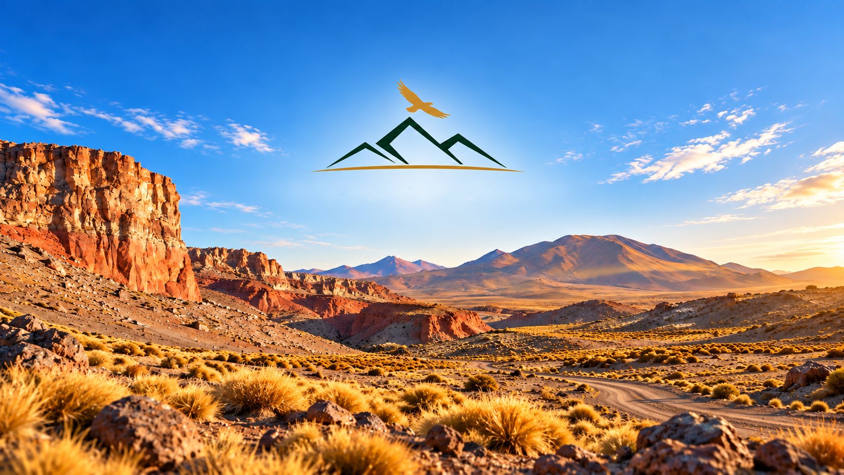 Paisaje de la Puna jujeña con farallones rojos, estepa de iros y el logo de Tierra del Capricornio